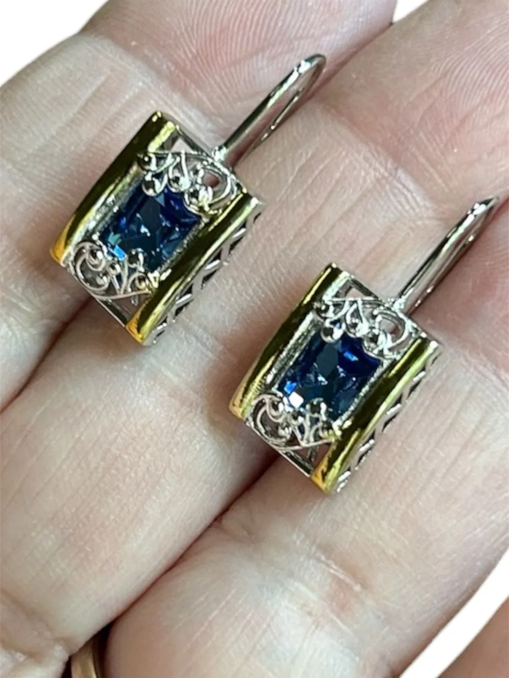 New .925 Silver & 18K Gold and Sapphire Earrings